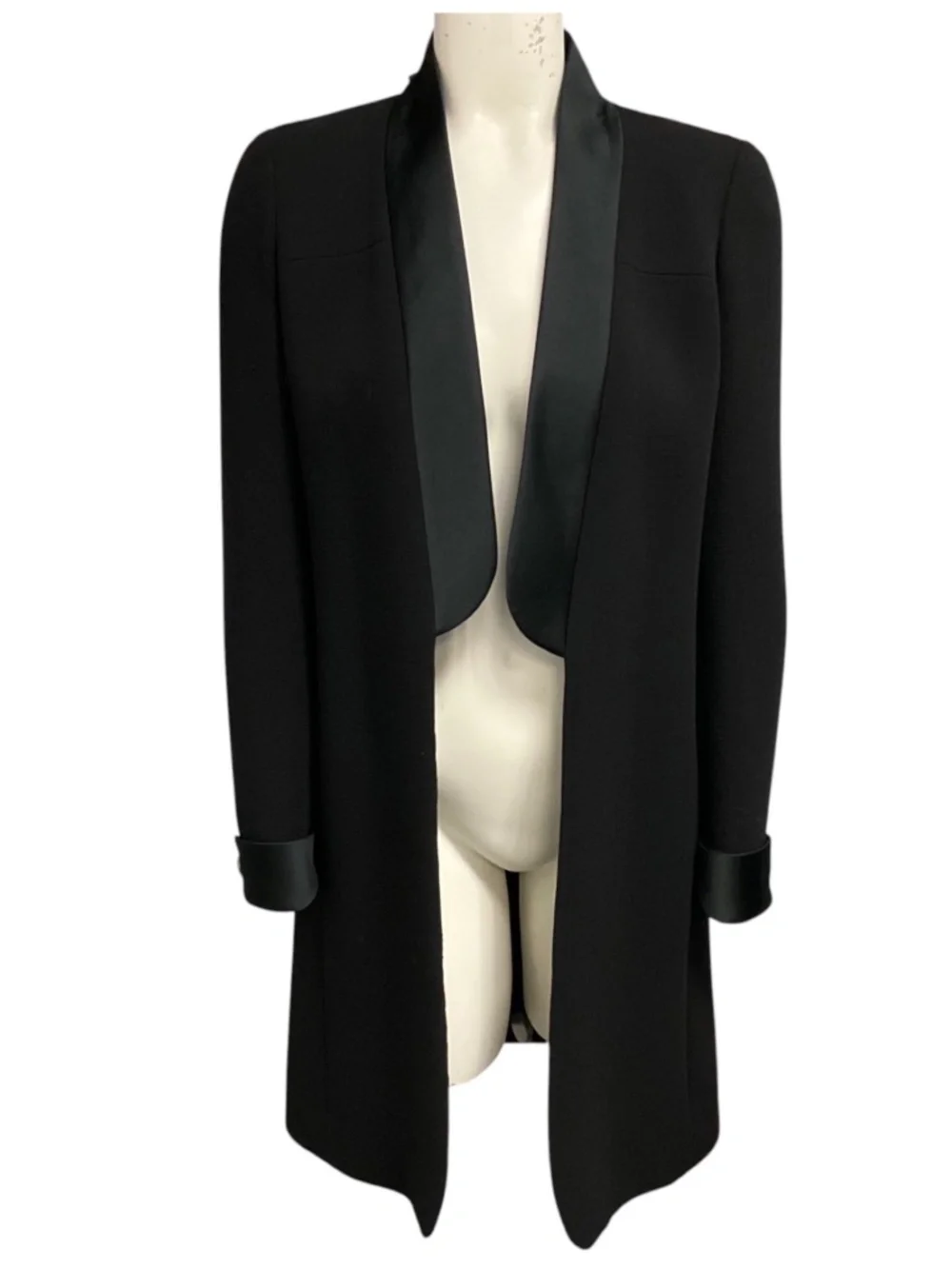CHANEL BLACK SILK SATIN TRIMMED WOOL TUXEDO STYLE COAT WITH CC LOGO GLOBE BUTTON